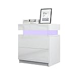 TUKAILAi Nachttisch Weiß mit LED Licht, 2 Schubladen und Hochglanz Kommode Nachttisch...