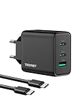 65W USB C GaN Ladegerät,TECKNET 3-Port mit Ladekabel Schnellladegerät...
