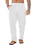 LVCBL Herren Leinenhose Lang Casual Kordelzug Sommer Strand Hose Heimat Weiß L