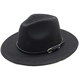 Schwarzer Fedora-Hut für Damen, Vintage-Wollmischung, breite Krempe, Gürtelschnalle,...