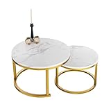 HeyHeaven® Runde Couchtisch Marmor Optik 2 Stück - Beistelltisch Gold - Couchtisch Rund...