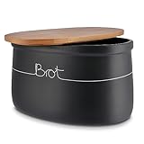 KHG Brotkasten groß Keramik Steingut Grau Anthrazit, Holz-Deckel Bambus als...