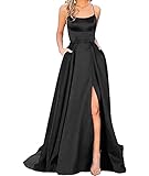 HAHAEMMA Damen Elegant Lange Ballkleider mit Taschen Satin A-Linie Backless Hochzeitskleid...