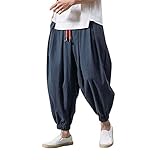 Grüne Leinen Haremshose Herren Japanisch Baggy Weites Bein Freizeithose Lässig...
