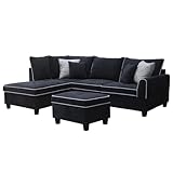 ZSLKDL Schwarzes Stoff-Sofa mit linkem Chaiselier und Stauraum-Ottomane