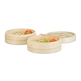 Relaxdays Bambusdämpfer 3-teilig, 2 Dampfkörbe mit Deckel f. Reis u. Dim Sum, Dampfgarer...