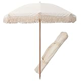 DYPJHEO 2m Beiger Holz Sonnenschirm Gartenschirm Mit Fransen, Sonnenschutz, Wasserfest,...
