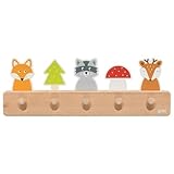 goki 60662 - Garderobe Waldfreunde aus Holz, Kindergarderobe mit 5 Haken, Niedliche...