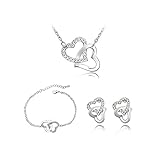 Schmuckset Silber 925 Damen Glanz Kristall Herzform Kette Halskette Ohrringe Armband...
