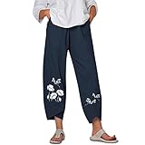 Damen Sommerhose Beach Pants Locker Leinen Hose Lang Haremshose mit Taschen Freizeithose...
