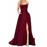 Damen Elegant Lange Ballkleider mit Taschen Satin A-Linie Backless...