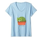 Damen Lustiger Pixel-Katkus-Kaktus-Druck T-Shirt mit V-Ausschnitt