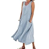 Leinen Kleider Für Damen Lang Rundhalsausschnitt Leicht Und Luftig Baumwollkleid...
