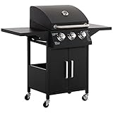 Outsunny Gasgrill BBQ mit 3 Brennern je 3 kw mobiler Grillwagen mit 4 Rädern Grillnetz...