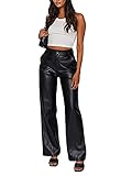 FeMereina Damen Kunstlederhose Hohe Taille Gerade Weites Bein Punk Einfarbig PU Hose mit...