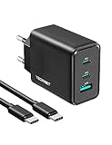 65W USB C GaN Ladegerät,TECKNET 3-Port mit Ladekabel Schnellladegerät...