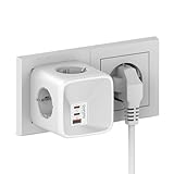 OUFUYU Steckdosenwürfel mit USB C, 4 Fach Steckdosenadapter Cube Mehrfachstecker, 7 in 1...