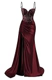 HPPEE Damen Spaghettiträger Satin Ballkleider mit Schlitz Spitze Applique...