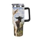 Reise-Kaffeetasse mit Henkel und Trinkhalm, niedlicher Ziegen-Druck, isolierte...