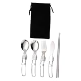 Parliky 304 Edelstahl Campingbesteck Set 5 Teiliges Outdoor Geschirr Mit Faltbarem Messer...