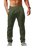 AUDATE Herren Leinenhose Sommerhose Casual Baumwolle Freizeithose Strandhosen Armeegrün...