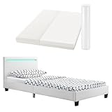 Juskys Polsterbett Verona 90x200 cm weiß mit Matratze - Einzelbett + LED-Beleuchtung,...