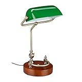 Relaxdays Bankerlampe, neigbarer Glasschirm, Holzfuß, E27-Fassung, Schreibtischlampe...