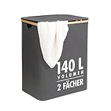 Wäschekorb | 140 Liter | 2 Fächer | mit Deckel und Bambus-Rahmen |...