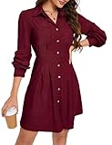 KOJOOIN Blusenkleid Damen Langarm Corduroy Hemdkleid A-Linien Tunika Kleid Minilänge...