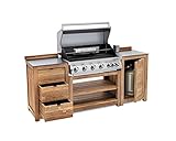 Outdoor Grill-Küche 3-teilig aus Teak-Holz, inklusive 6-Brenner Built-In...