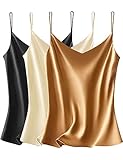 VIDUSSA 3er Pack Damen Satin Cami Tank Top Basic Shirt V-Ausschnitt Ämellose Blusen...