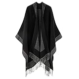 Lachi Damen Poncho Schal Winter Cape Elegant Warm Wolle Schultertuch Mode Schwarz Fransen...