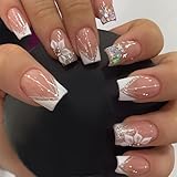 LunarCharm 24 Stück Eckig Nägel Zum Aufkleben, Glänzend Rosa French...