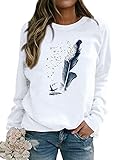 Dresswel Pullover Damen Feder Drucken Sweatshirt Langarmshirt Rundhals Langarm...