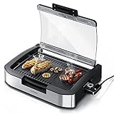 Arendo - Gourmet Tischgrill Elektrogrill Edelstahl - 1800 W - mit Glasabdeckung - für...