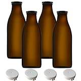 mikken 4 braune Glasflaschen 1 Liter Milchflaschen mit Schraubdeckel, 4 Frischhaltedeckeln...