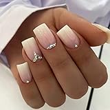 24 Stück Eckig Nägel Zum Aufkleben Kurz mit Strass, Nude French Künstliche Nägel,...