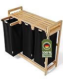 AMBIAVO® Wäschekorb 3 Fächer [schwarz, 100% Baumwolle, Bambus, 90 l Volumen] |...