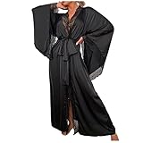 Bademantel Damen Negligee Sexy Morgenmantel Satin Pyjama Ice Silky Robe mit Besatz...