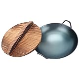 Alipis Gusseiserner Wok Mit 2 Griffen Holzdeckel Antihaft-Eisen-Fritteuse Mit Flachem Zum...