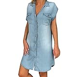 Jeans Kleid für Damen Knöpfe Knielang Damenkleider Sommerkleid Leicht Luftig...