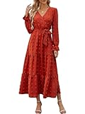 Wantonfy Kleid Langarm Damen V Ausschnitt Freizeitkleider Strandkleid Midikleid...