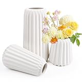 Vasen Deko, Keramik Vase Weiß 3er-Set, Matte Blumenvase Moderne mit Rillen, Dekorative...