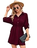 KOJOOIN Damen Tunika Kleid Langarm Blusenkleid kurz V-Ausschnitt Hemdkleid...