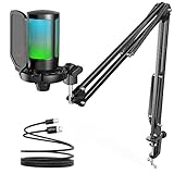 FIFINE Gaming Mikrofon PC mit Arm, USB Microphone Kit mit Stummschalttaste für Podcast...