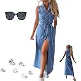 Ärmelloses Jeanshemdkleid mit Revers für Damen (2025), Langes, ärmelloses...