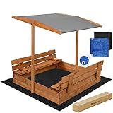 Sandkasten Holz 120x120 cm mit klappbaren Sitzbänken & Rückenlehnen – Outdoor...