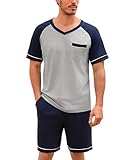 Irdcomps Schlafanzug Herren Pyjama Kurz Shorty Sommer Baumwolle Nachtwäsche Set Kurzarm...