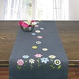 Stickpackung Blümchen, Tischläufer Set vorgezeichnet zum Sticken, Stickset mit...