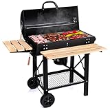 LEHMANN Holzkohlegrill mit Grillrost XL, Grillwagen mit 2 Holzeinlegeböden, Deckel,...